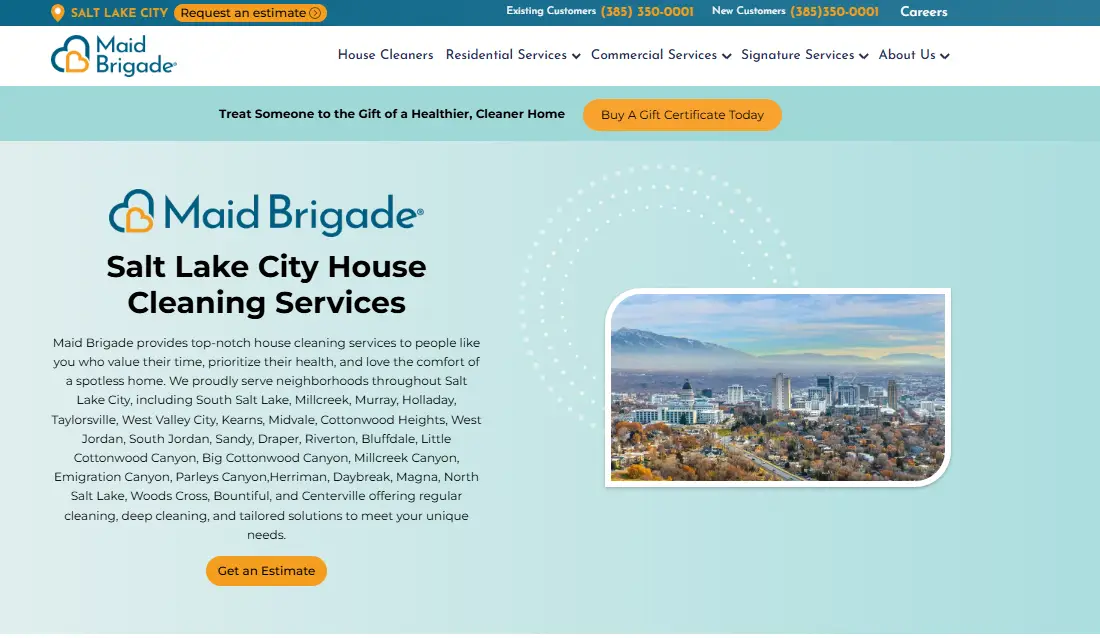 Website header with logo, contact buttons, and aerial view of Salt Lake City skyline