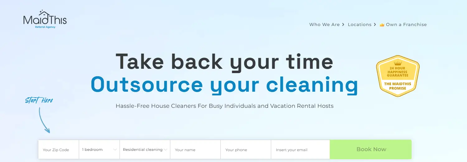 Blue and white website interface with cleaning service booking form and promotional badge