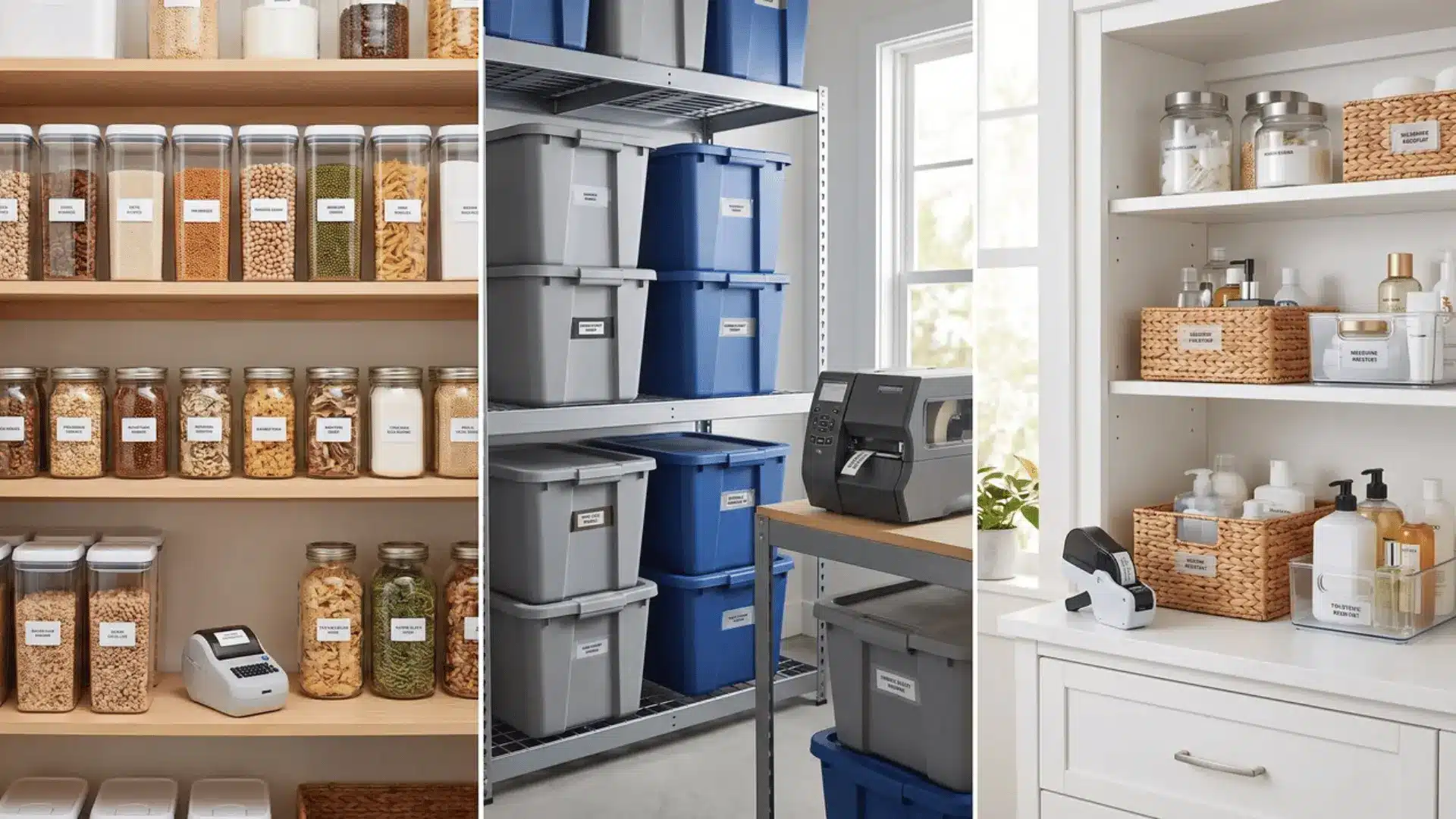 Label makers with organized pantry jars, storage bins, and bathroom containers on shelves