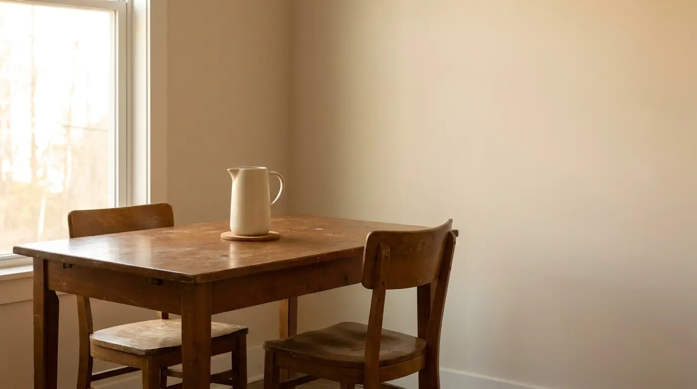 Wooden table with two chairs and ceramic pitcher by sunny window in minimalist room