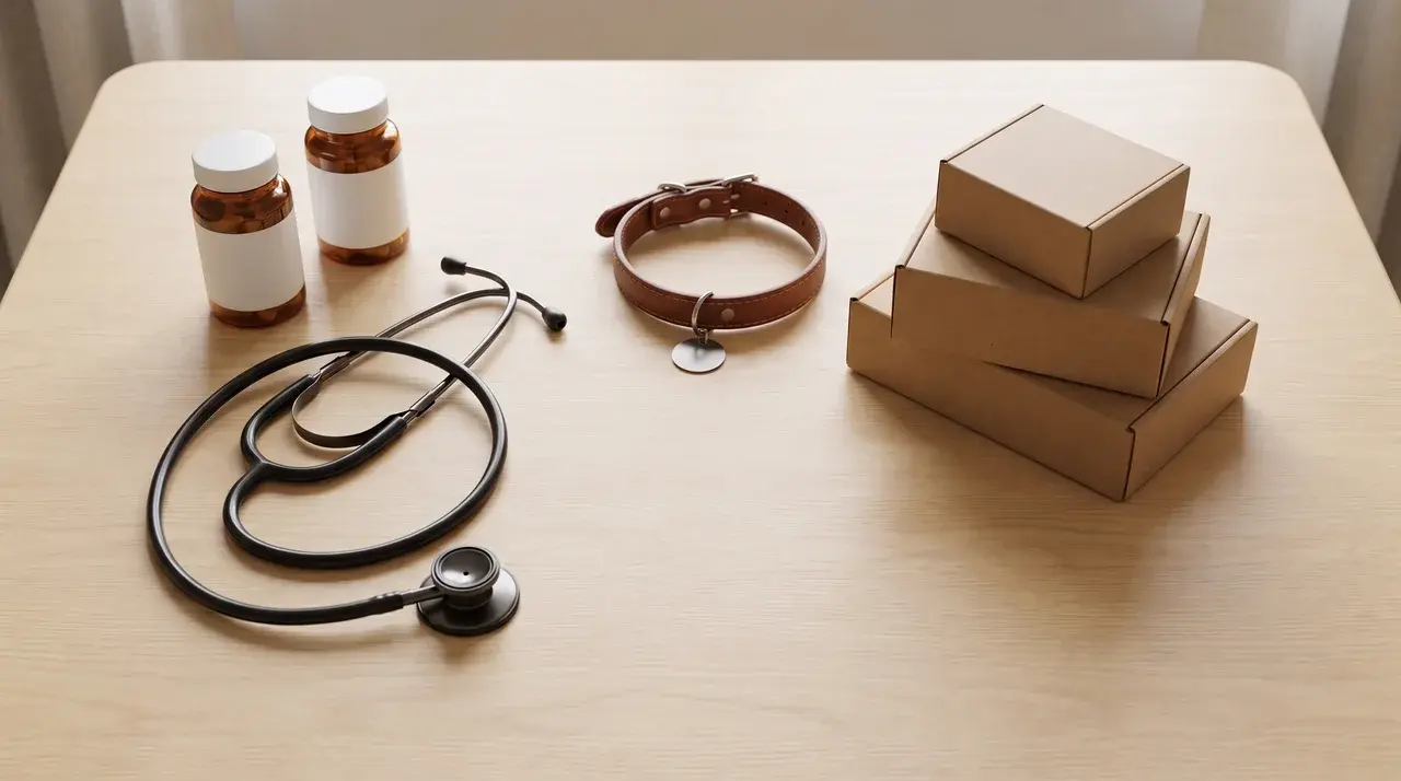 stethoscope pet collar and packages on table
