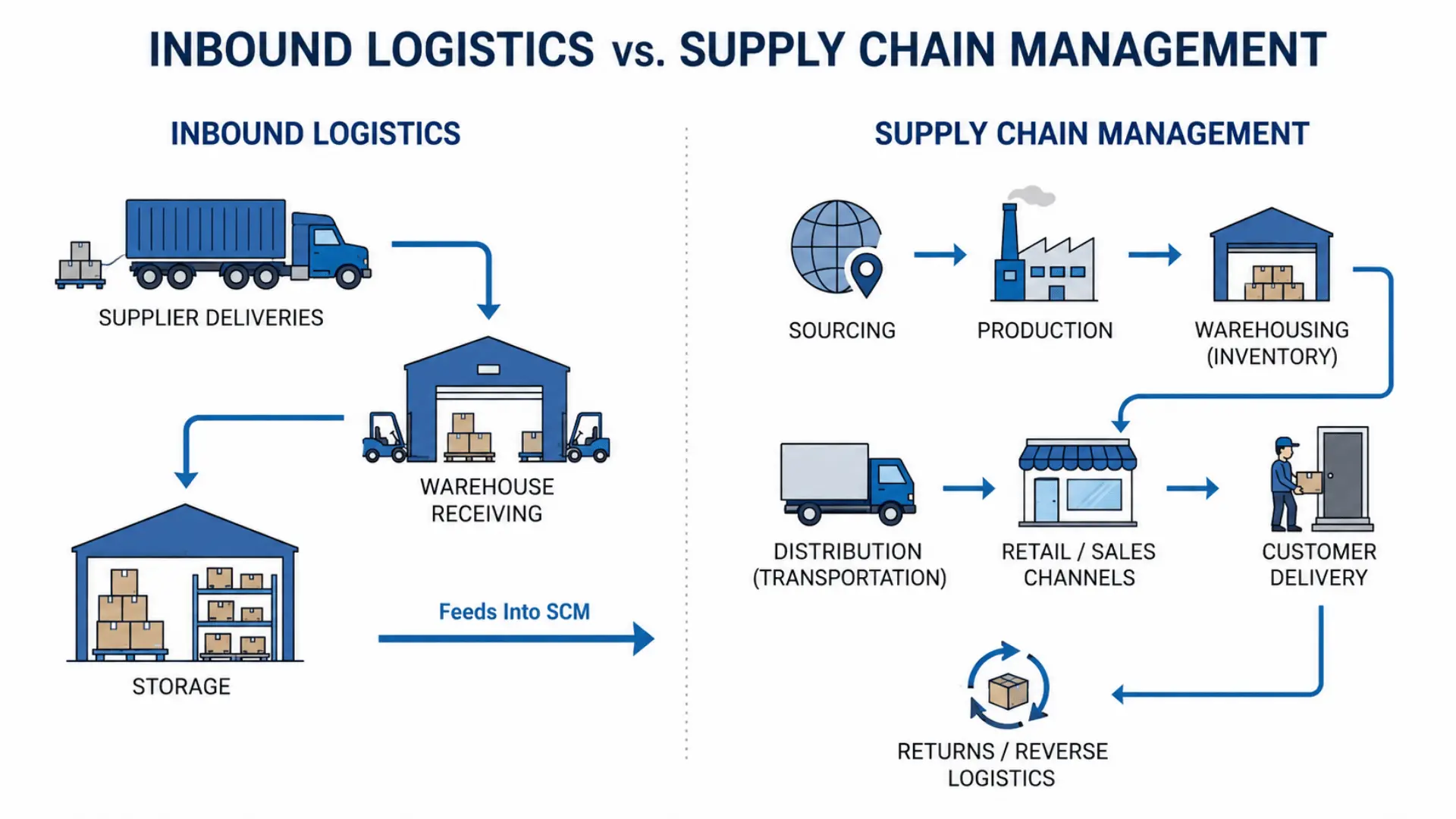 Minimalist infographic comparing inbound logistics with supply chain management and their operational scope.