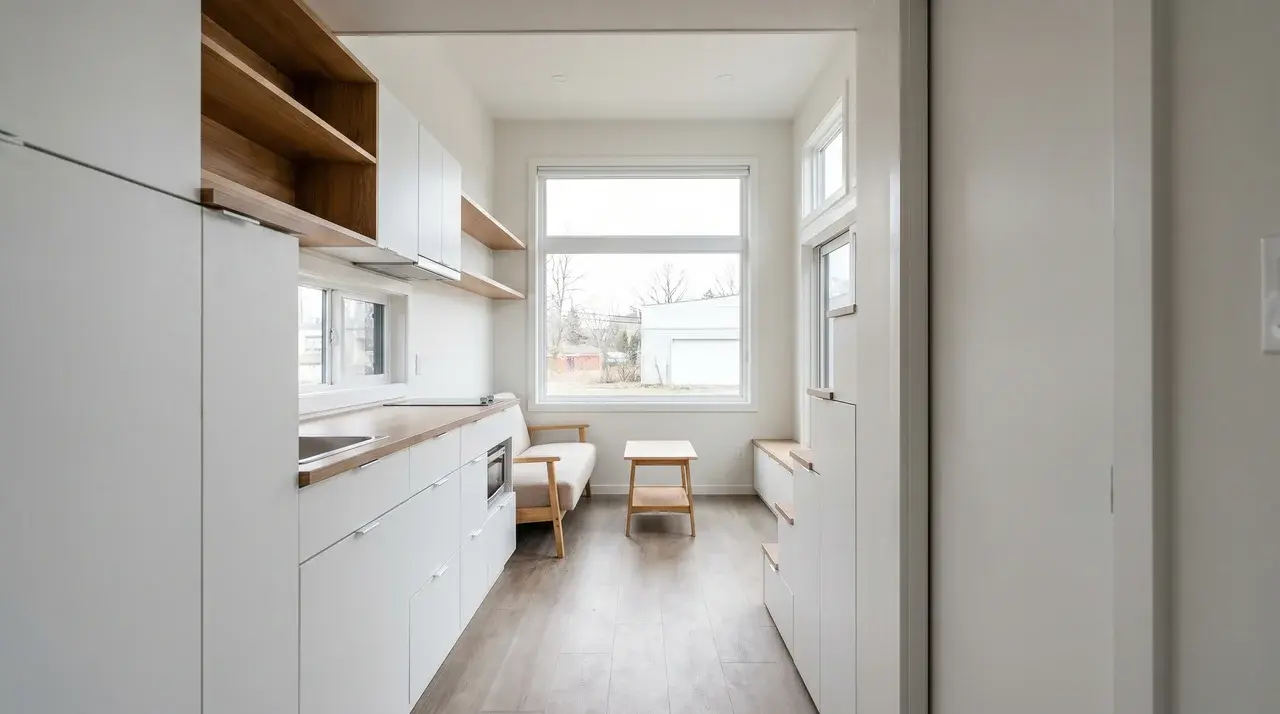 Tiny home interior with white flat-front cabinets, open wood shelving, and a large end wall window, minimal furnishings