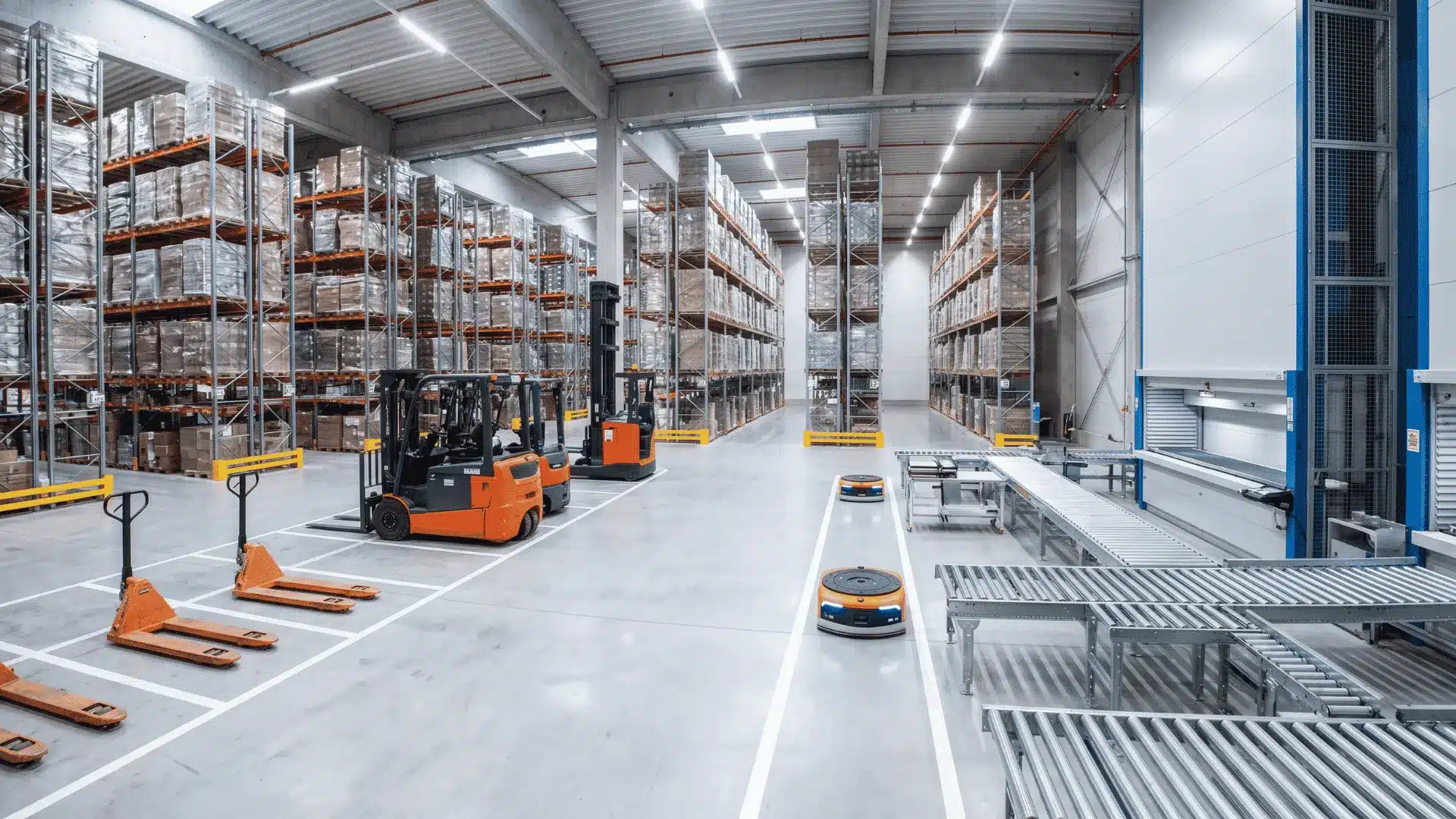 Modern warehouse with forklifts, conveyor systems, storage racks, and automated material handling equipment