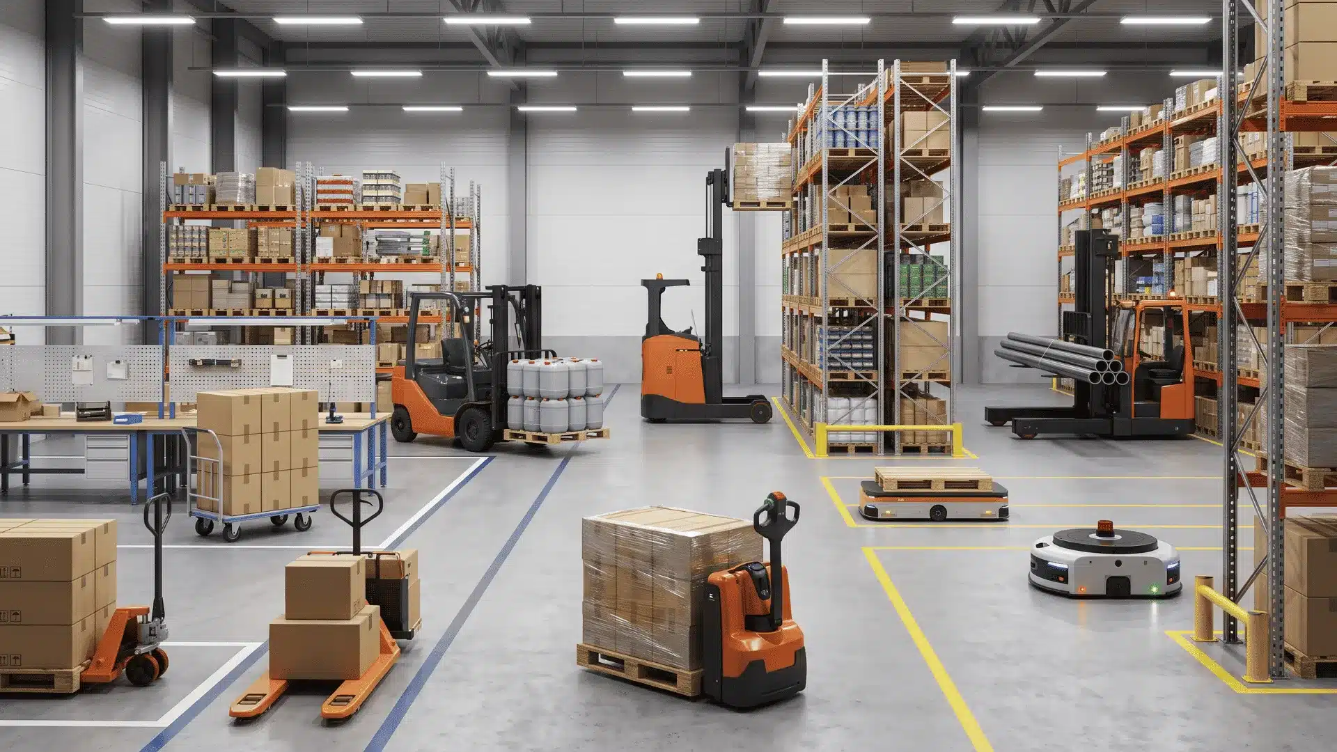Modern warehouse with forklifts, reach truck, pallet jacks, AGV, AMR, side loader, and hand truck moving inventory efficiently.