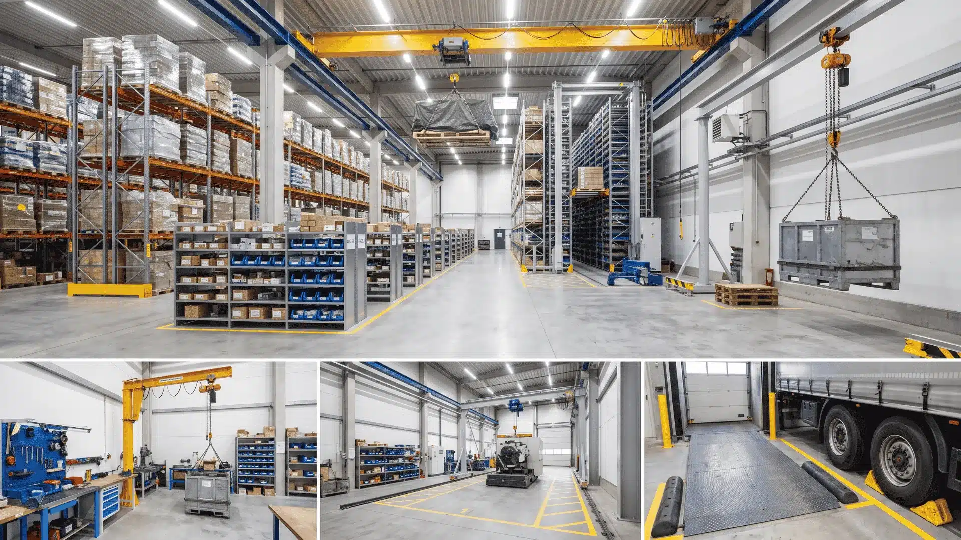 Modern warehouse with pallet racks, shelving, storage bins, ASRS, cranes, dock equipment, and wheel chocks for efficient inventory storage.
