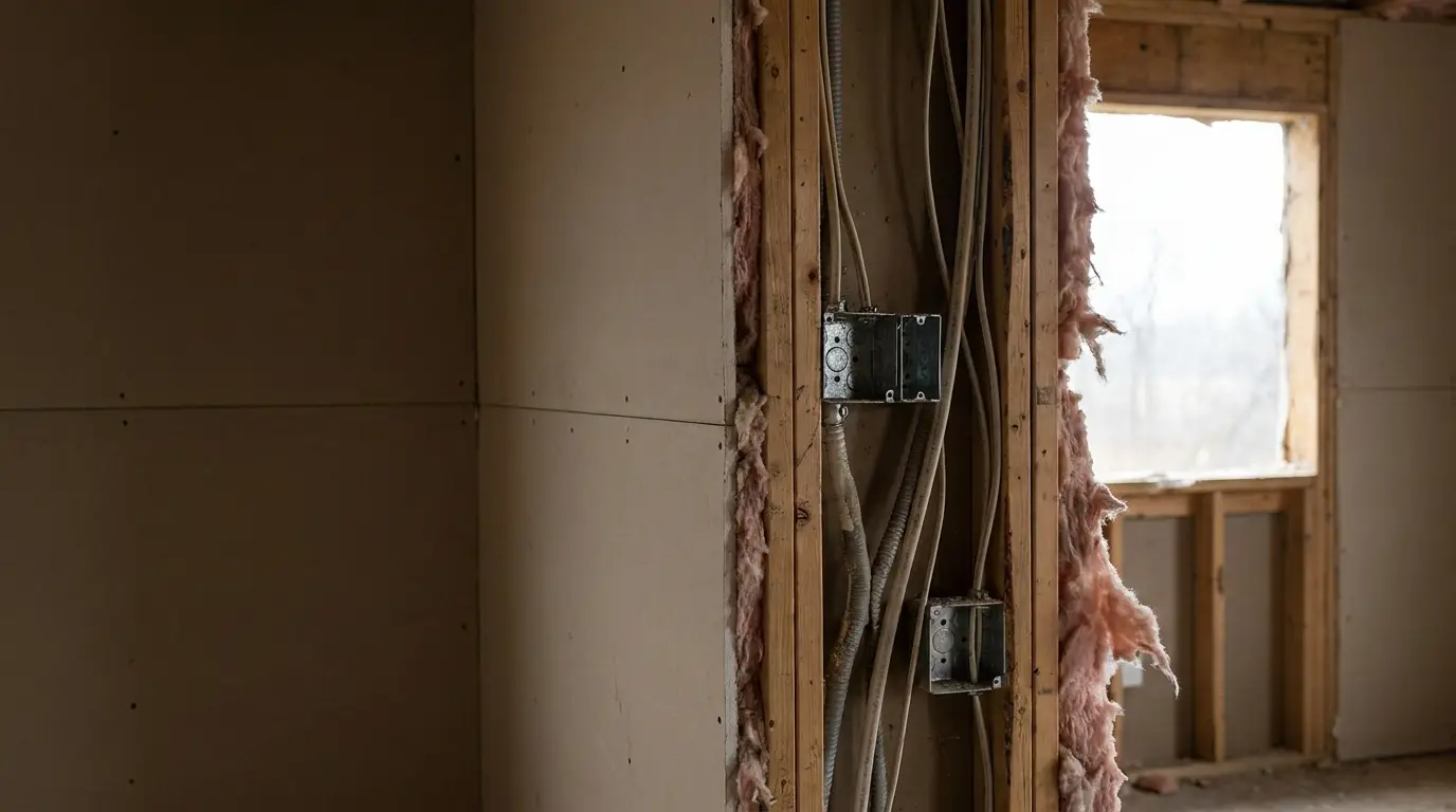 Exposed wall insulation and electrical wiring in partially built house interior