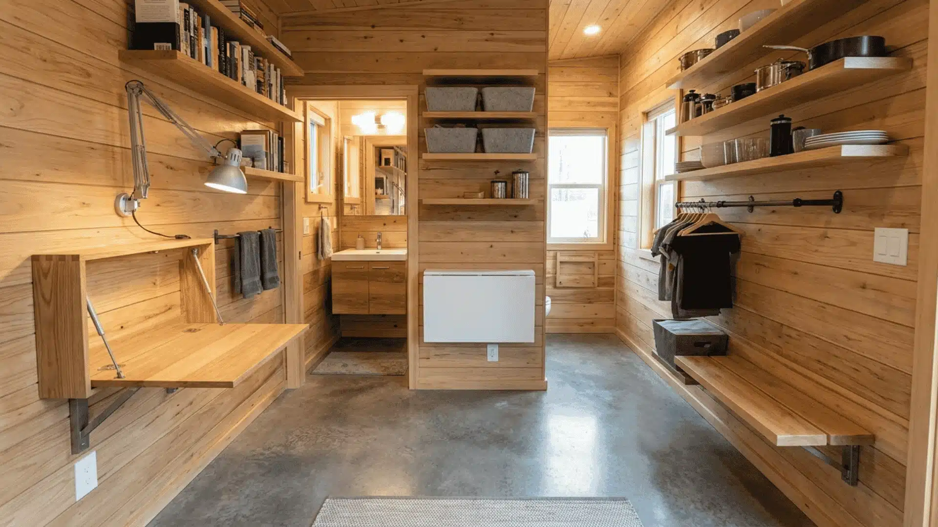 Tiny home interior with wall-mounted shelves, desk, and floating furniture