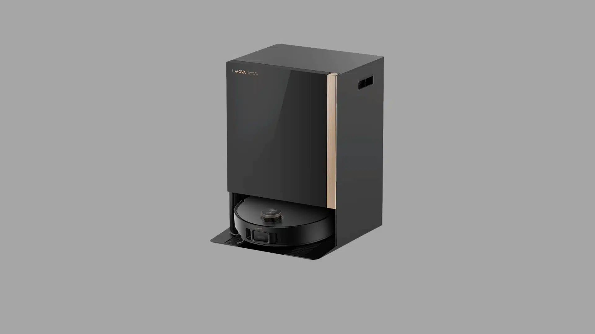 Black robot vacuum with a tall self-cleaning dock displayed on a plain white background.