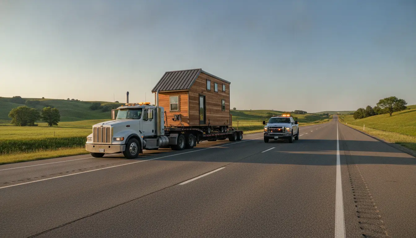 Semi-truck transporting tiny house on highway surrounded by rolling green hills at sunset