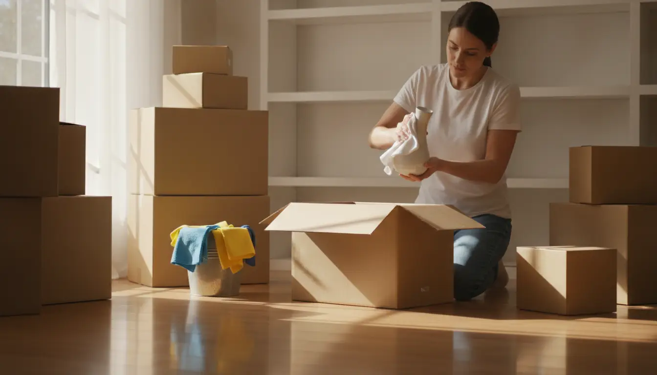 Woman packing vase in cardboard box surrounded by moving boxes in sunlit room