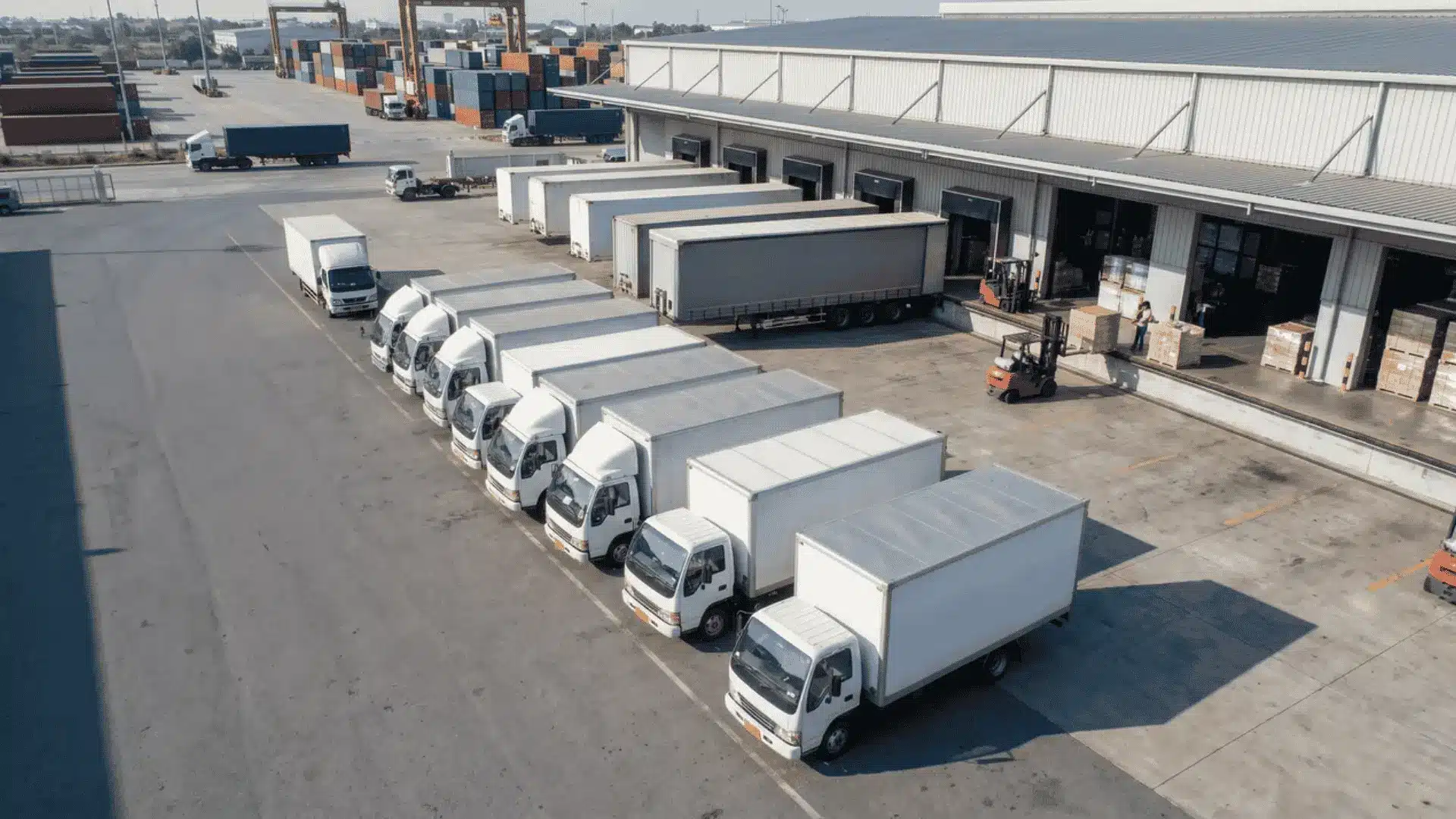 Multiple box trucks positioned at a freight terminal with warehouse loading docks and active logistics operations in the background.