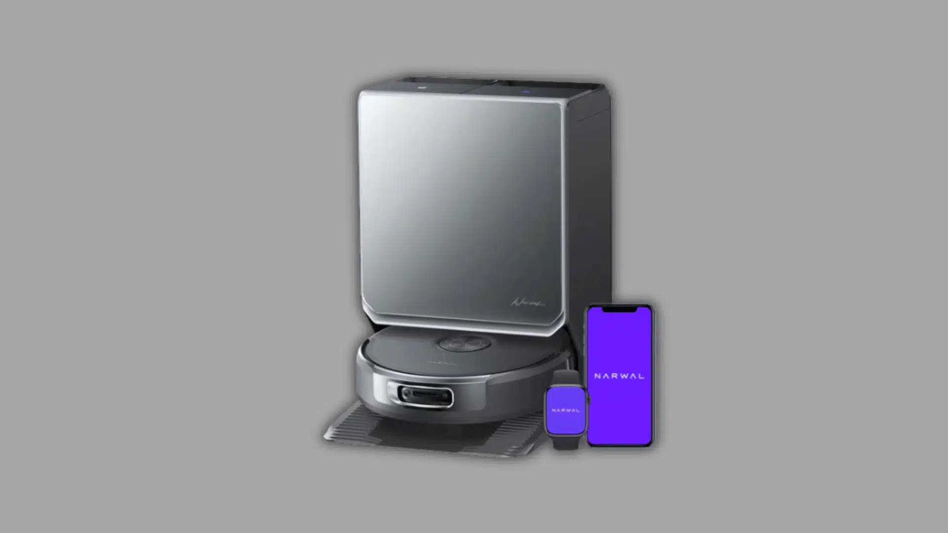 Robot vacuum with a silver self-cleaning dock and smartphone controls on a transparent background.