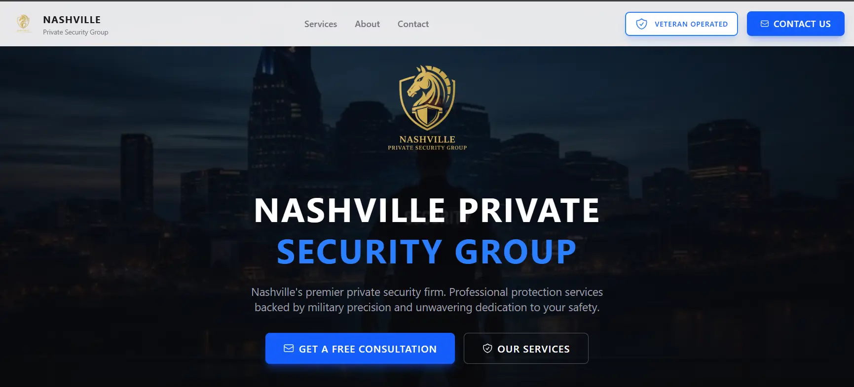 Dark city skyline with company logo and text overlay promoting security services