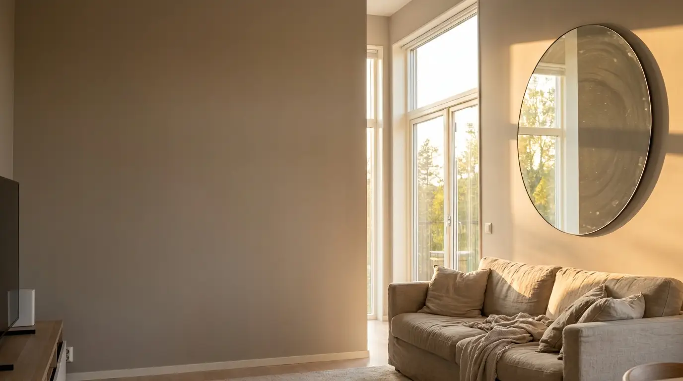 Cozy beige living room with a sofa beside large windows and a round wall mirror