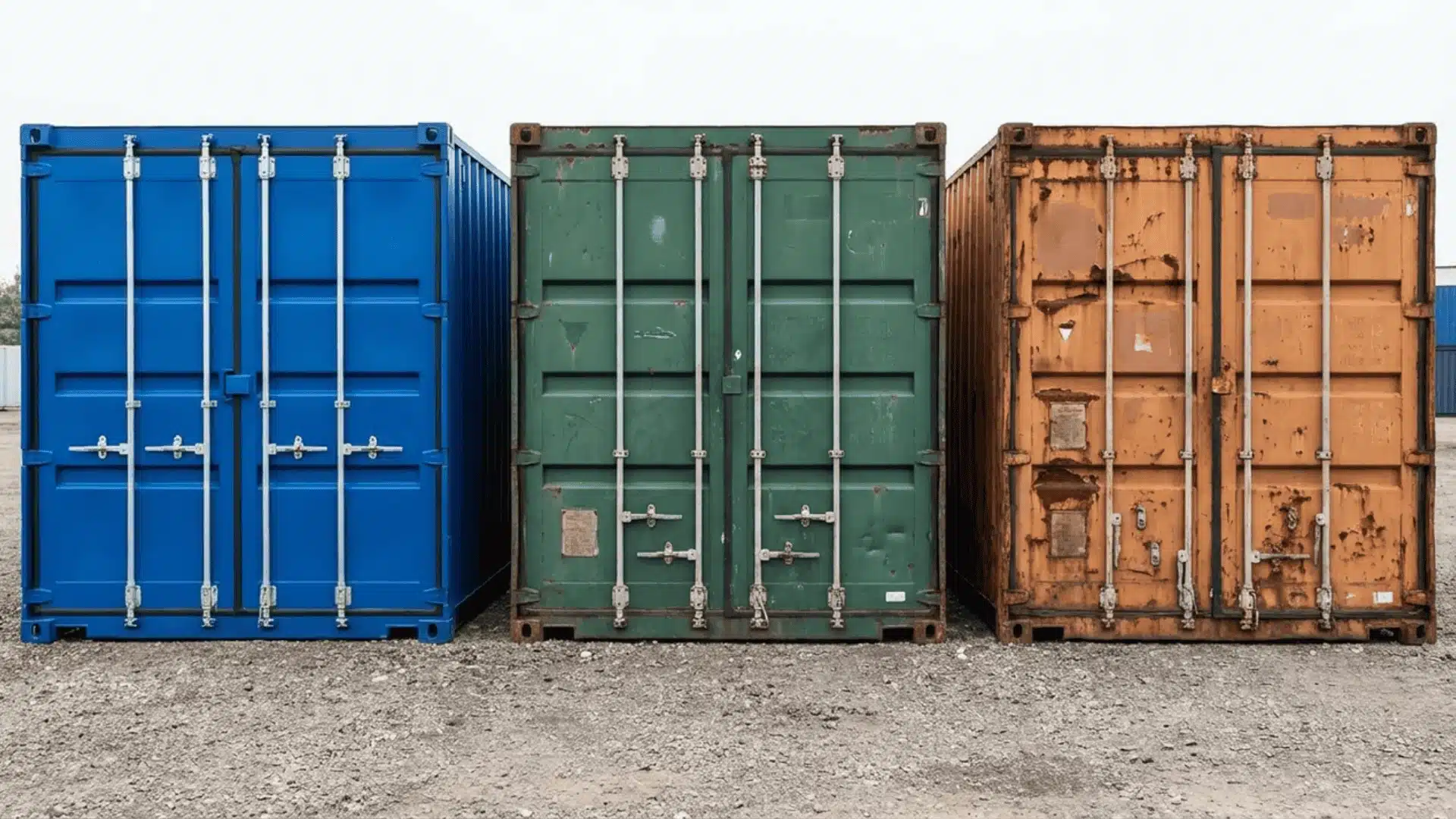 New, used, and heavily worn shipping containers lined up side by side for condition comparison.