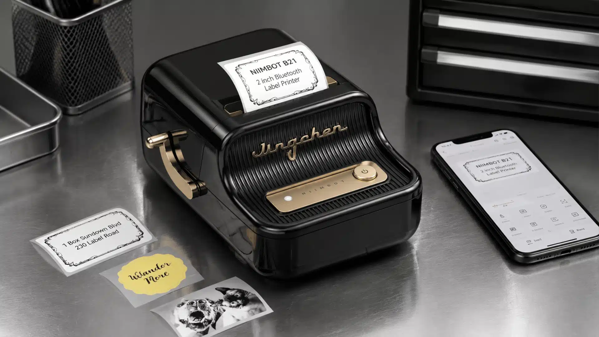 NIMBOT B21 label printer on a metal surface with printed labels and a smartphone nearby