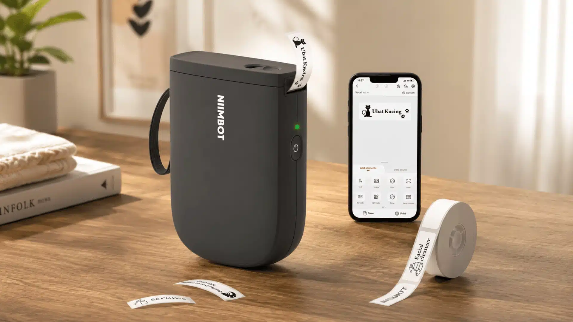NIMBOT label printer with a smartphone, label roll, and printed labels on a wooden table.