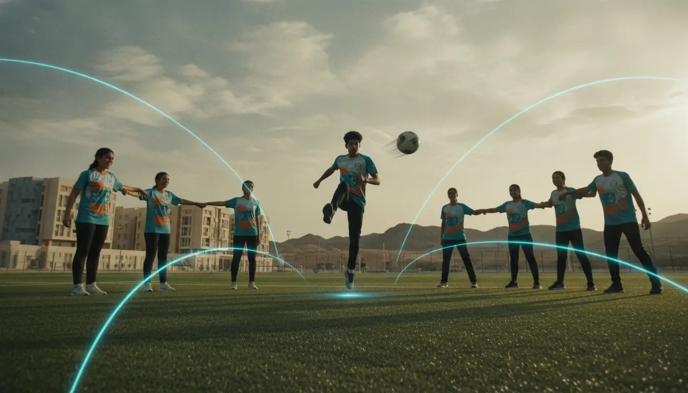 Group of people in matching jerseys playing soccer on outdoor field at sunset