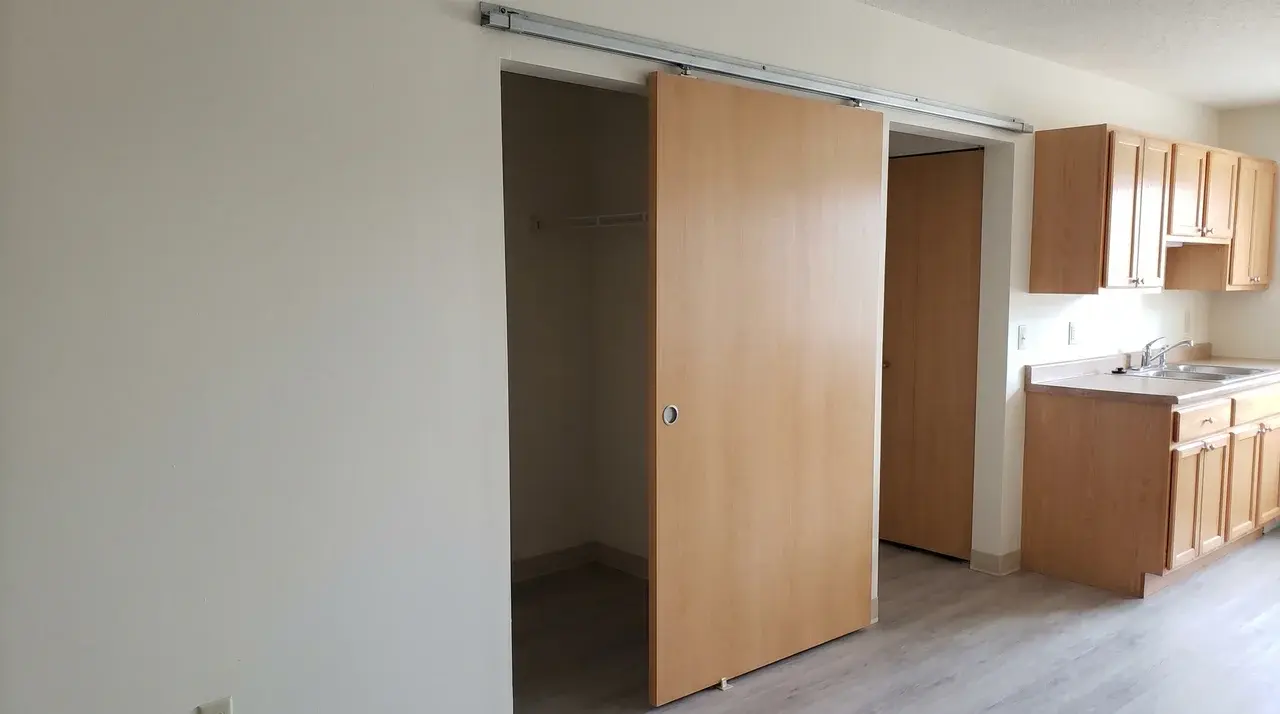 Pocket door mid-slide into wall recess beside an open kitchen in a compact interior