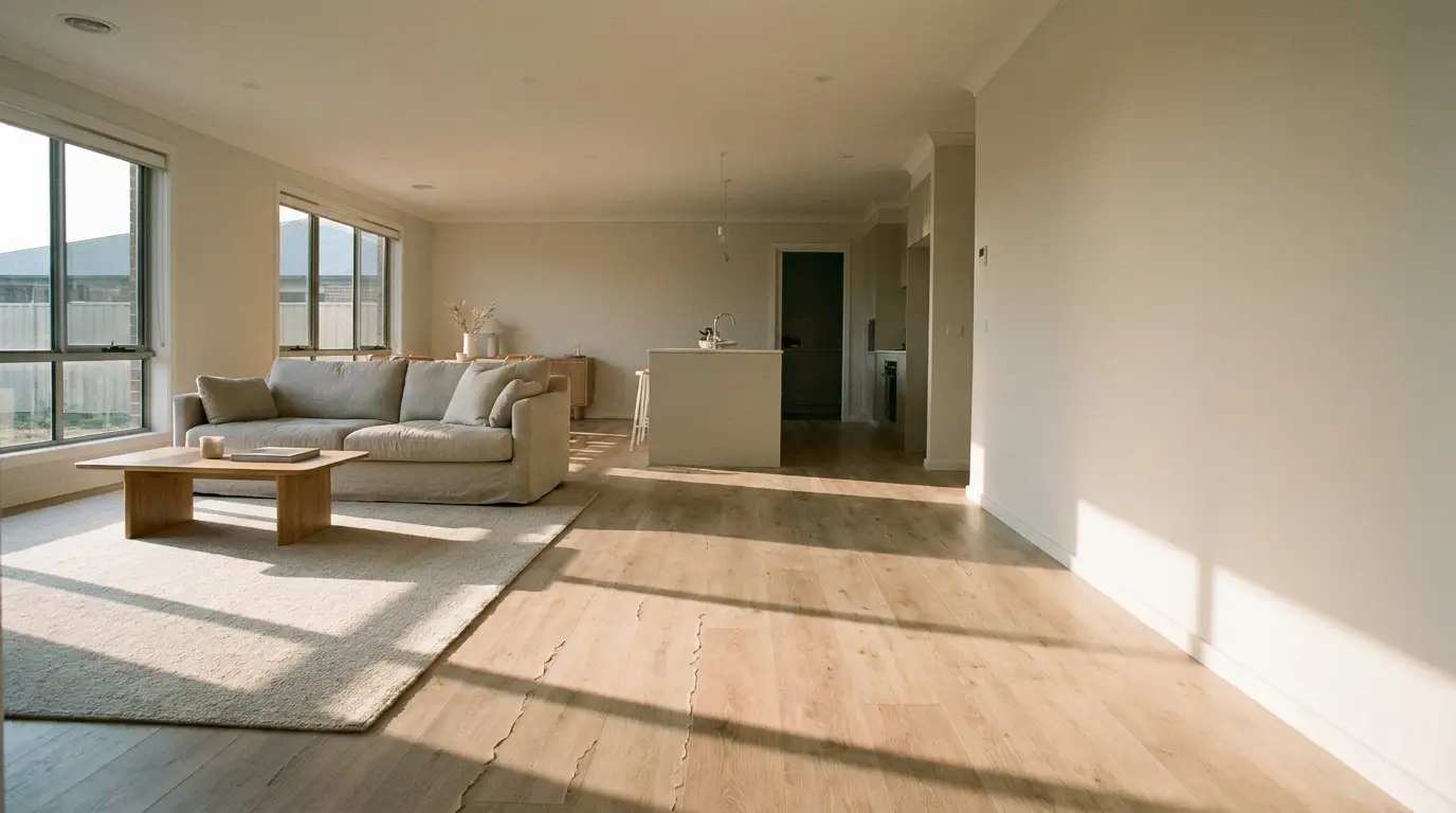 Spacious living room with beige sofa and wooden coffee table in natural light