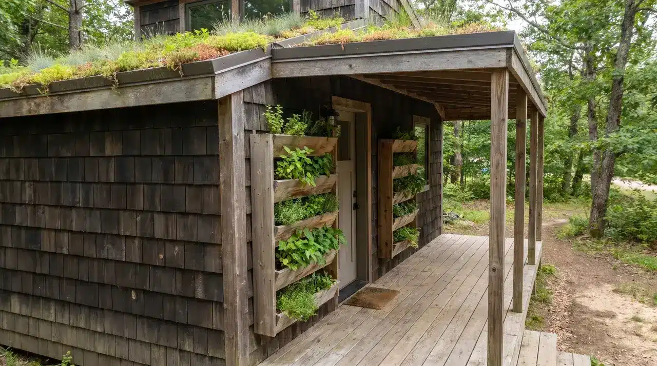 Tiny home wraparound porch with vertical wall planters beside the entry and a planted green roof visible at the roofline