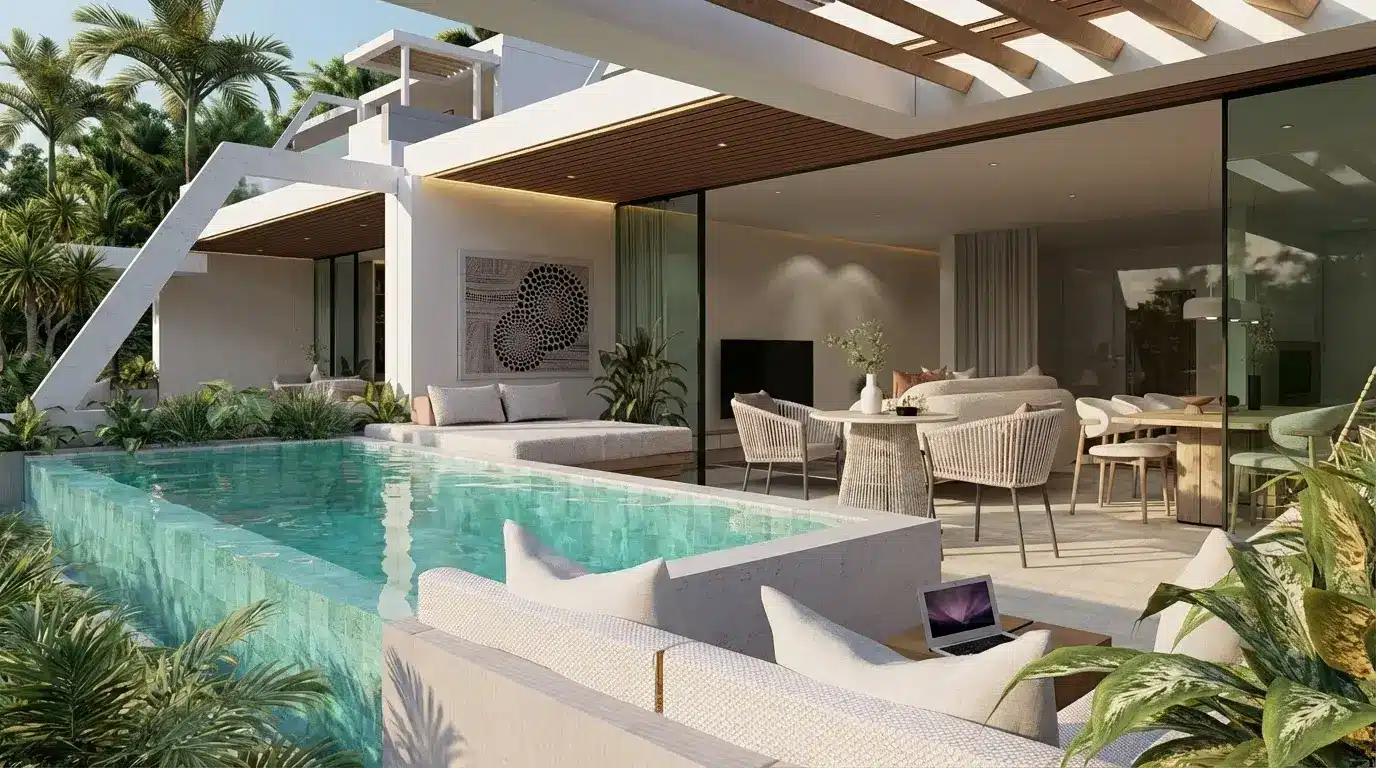 Modern poolside patio with seating and dining area in sunny outdoor setting