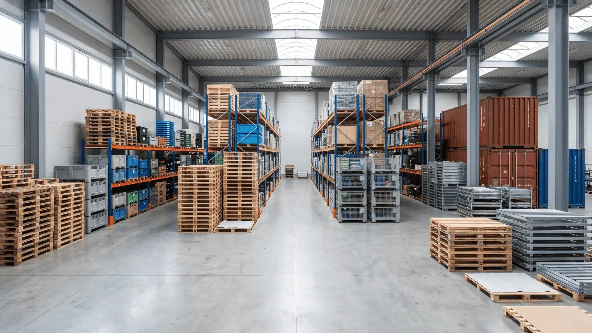 Pallets, skids, totes, containers, and slip sheets organized in a modern warehouse storage area.
