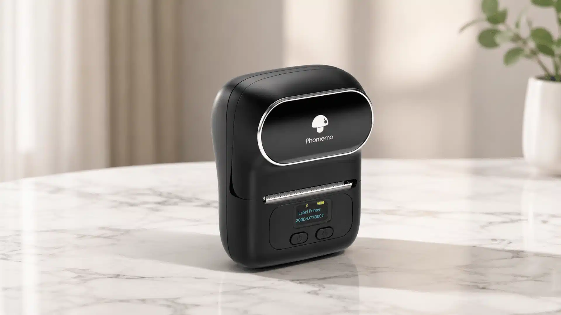Phomemo label printer standing on a white marble surface in a softly lit room.