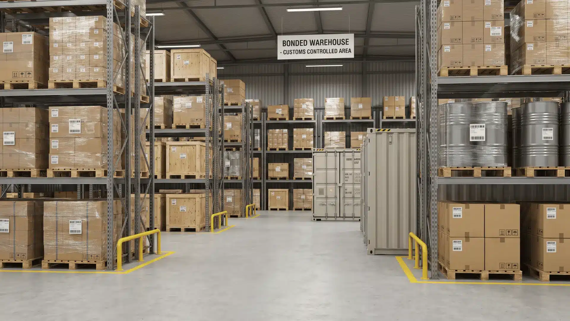 Photorealistic image of a bonded warehouse with goods in storage, emphasizing the concept of deferring duties and managing inventory.