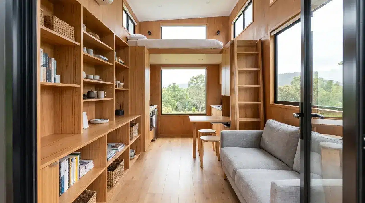 Tiny home interior with loft bed, fold-down dining table, built-in shelving, and large window at far wall
