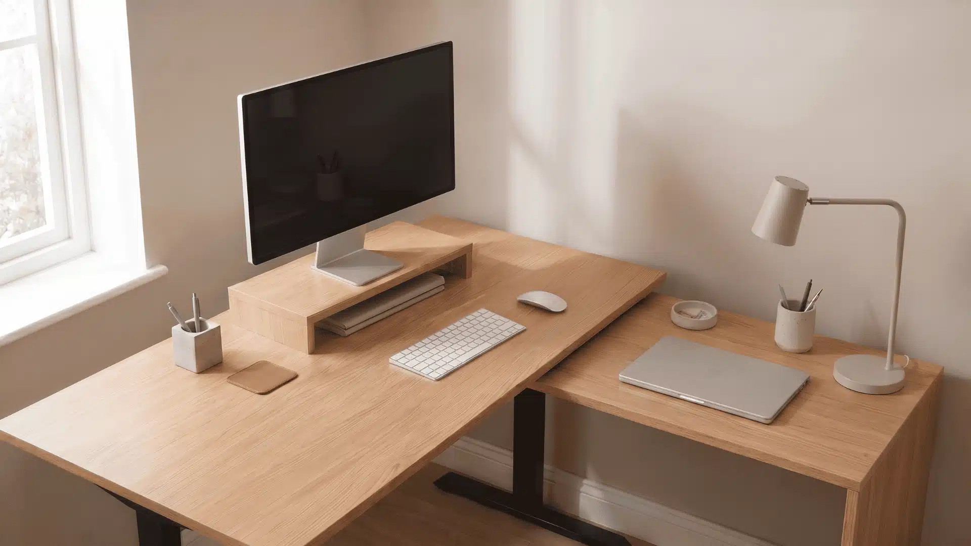 Minimal wooden L-shaped desk with monitor, keyboard, laptop, lamp, and office accessories.