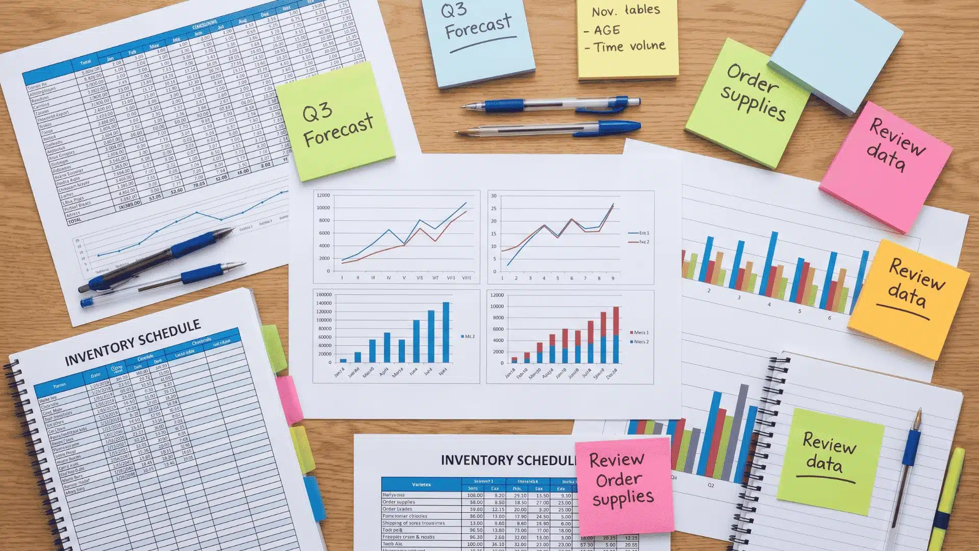 Spreadsheets, forecast charts, and inventory schedules on a desk for supply chain planning