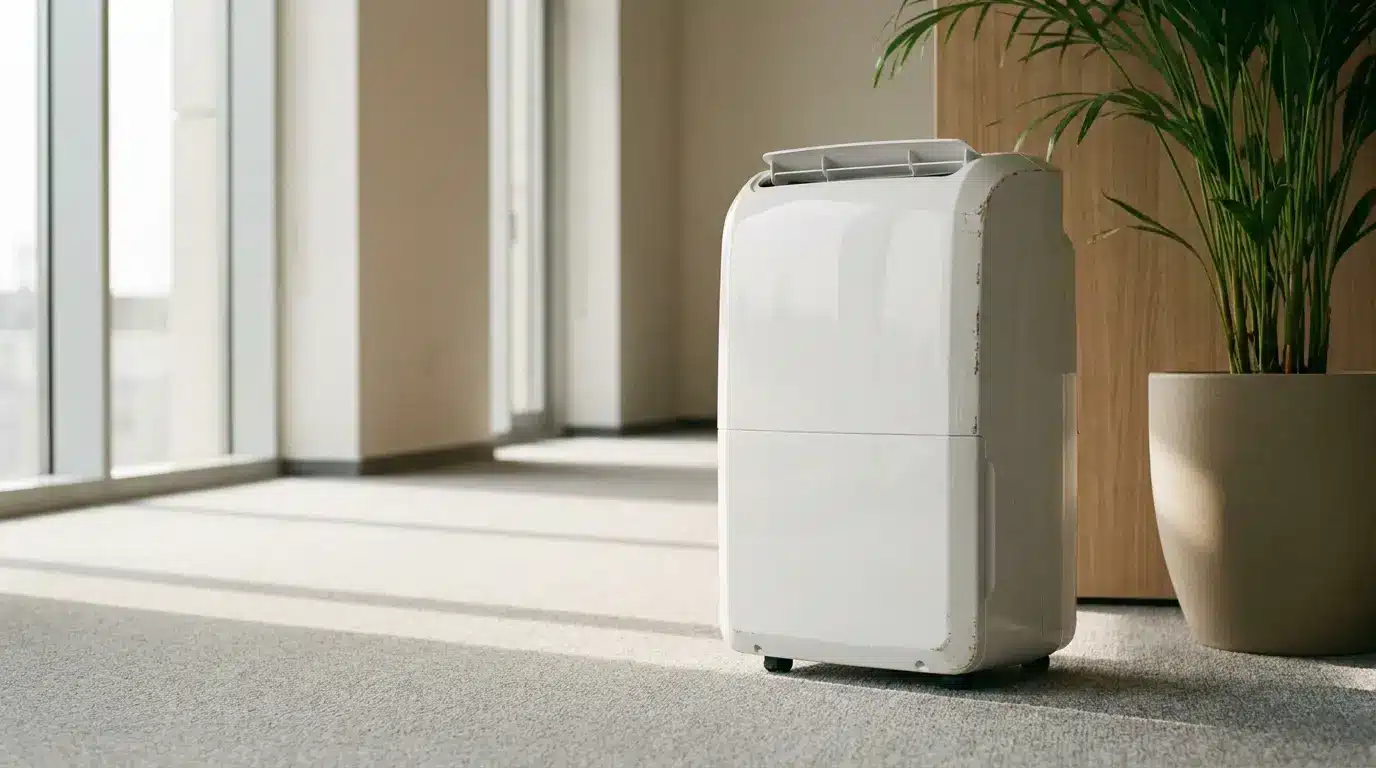 White dehumidifier on carpeted floor near large windows and a potted plant in a bright room