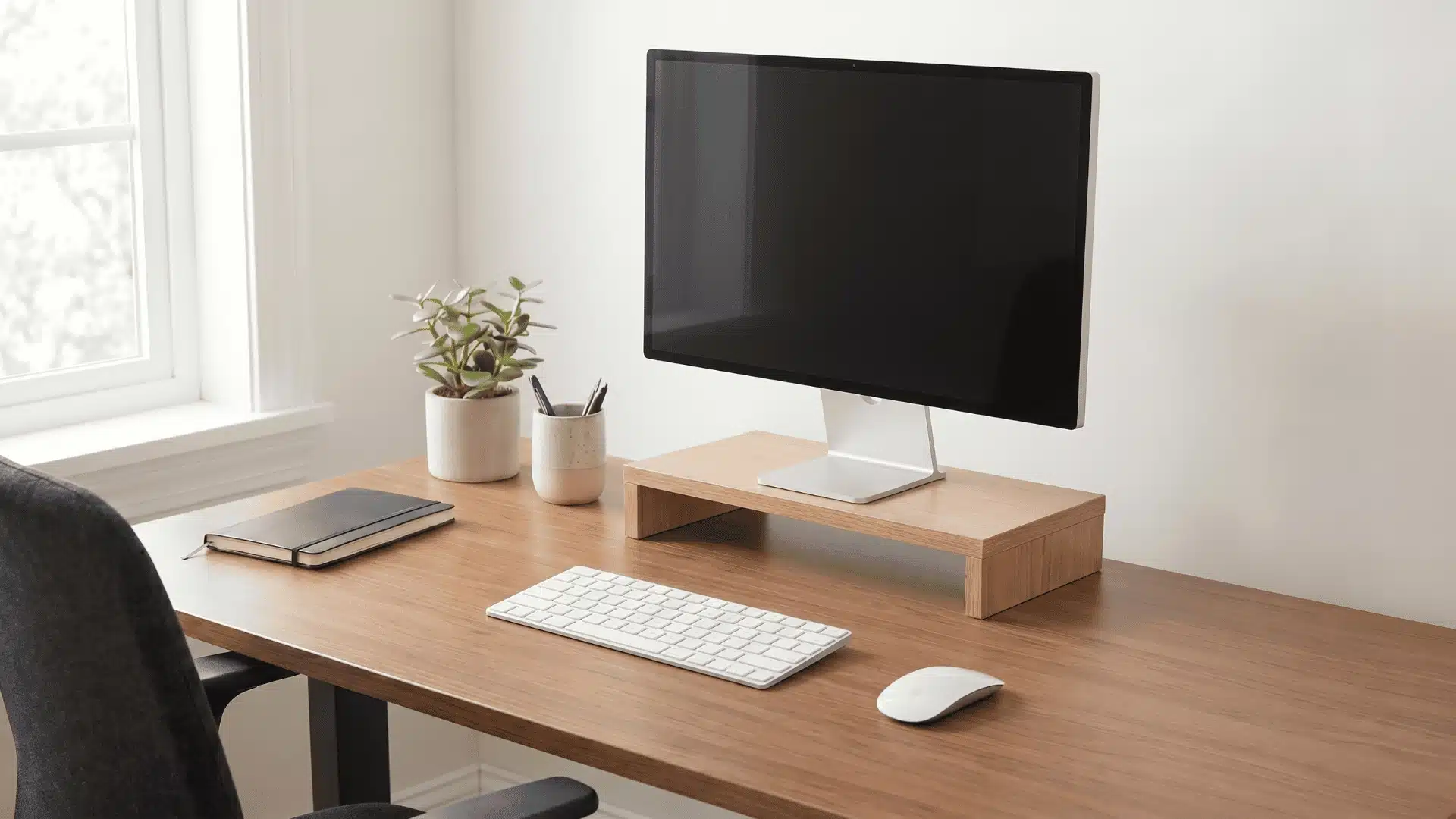 Monitor and keyboard positioned ergonomically with elbows at 90 degrees