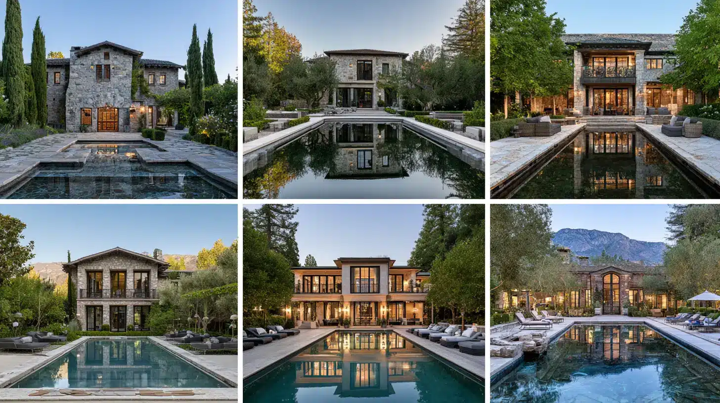 Luxury villa with stone facade and pool in lush garden setting at dusk