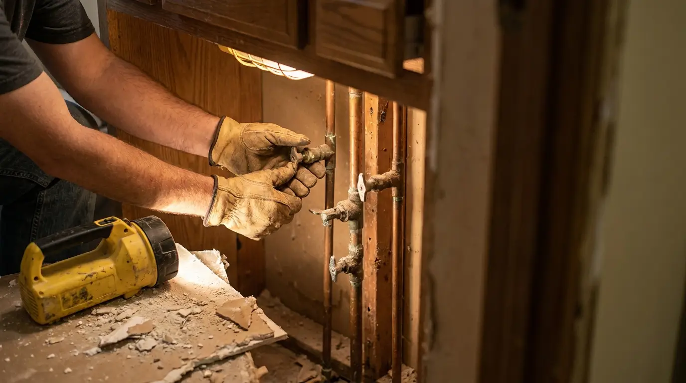 Person repairing copper plumbing pipes in dimly lit space with flashlight nearby