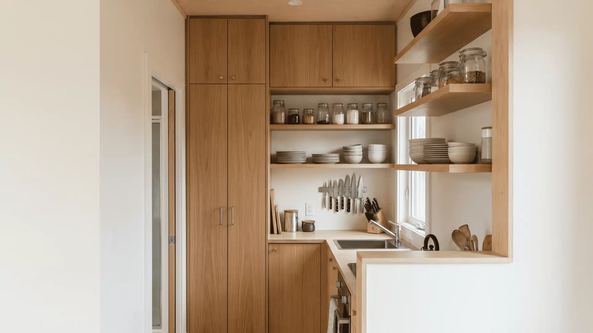 Tiny home kitchen with tall cabinets and vertical wall storage