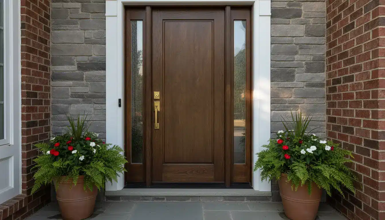 Wooden front door with brass handle flanked by potted plants on stone porch