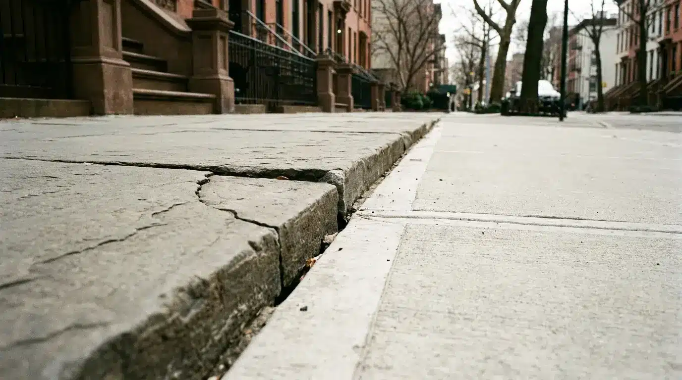 Cracked urban sidewalk beside brick townhouses with bare trees in the background