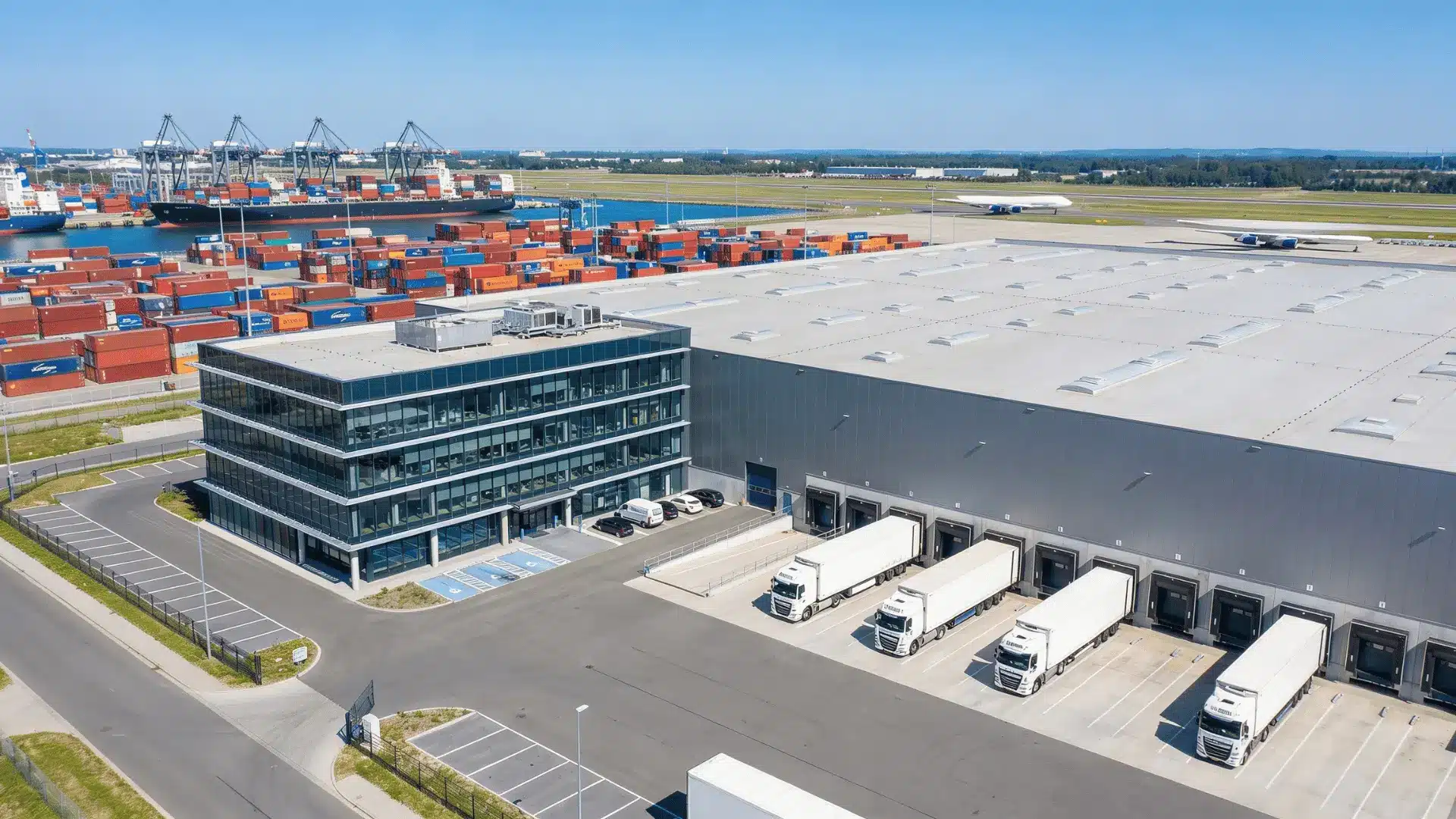Realistic global logistics company operations with freight trucks, warehouses, cargo ships, shipping containers, and international transport infrastructure