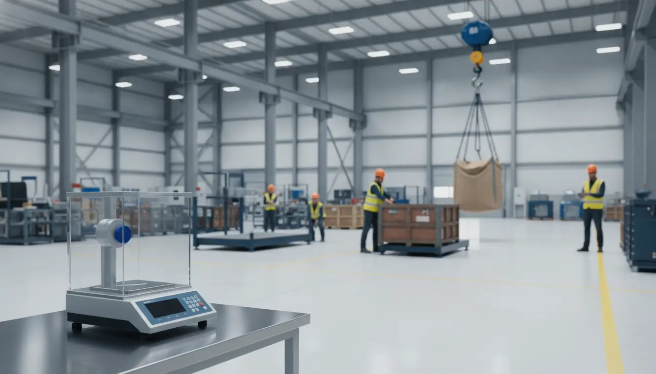 Industrial scale on metal table in large warehouse with workers and crane in background