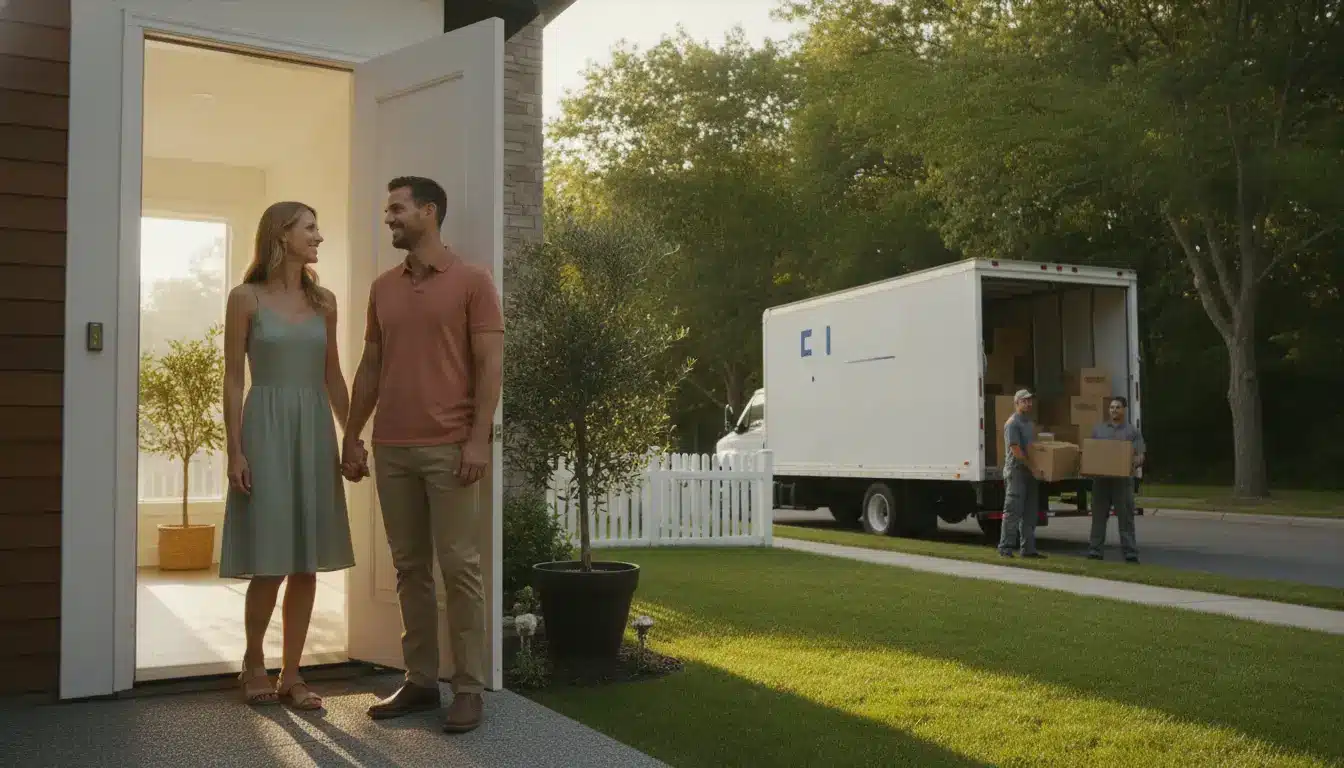Couple holding hands on porch next to moving truck with boxes on lawn