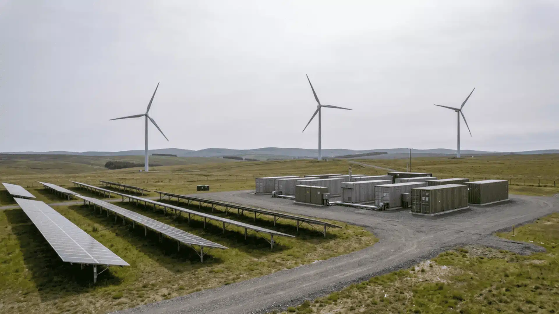 Solar panels, wind turbines, and energy storage units in a renewable energy site