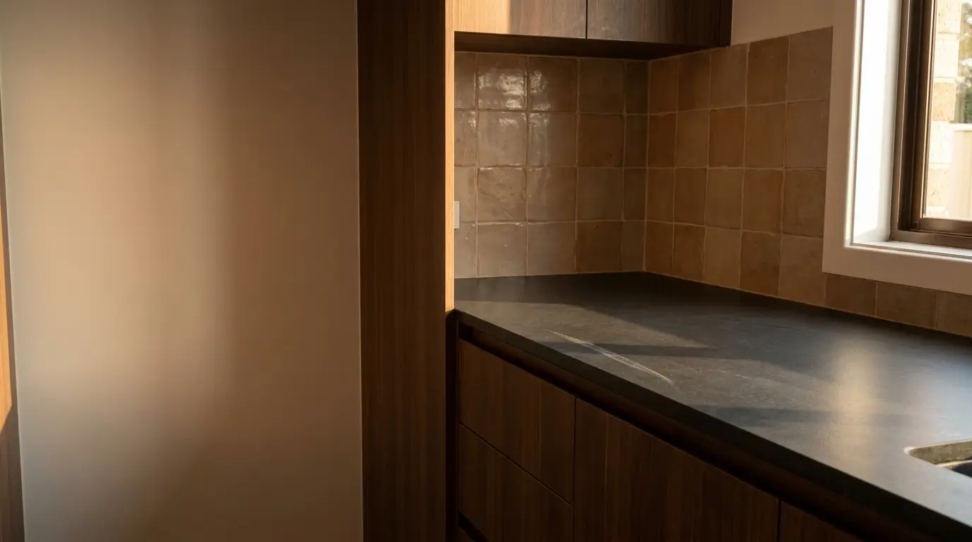 Dark wood kitchen counter with tiled backsplash and natural light through window