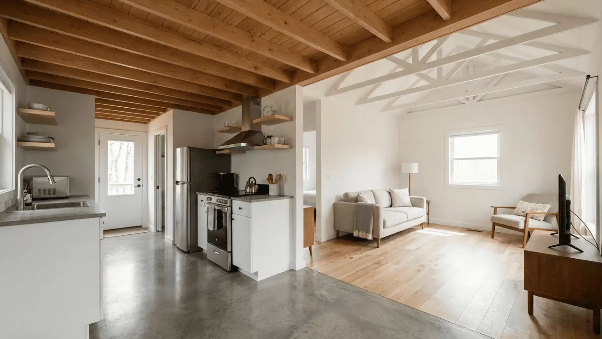 Open tiny home interior with floor and ceiling transitions between zones