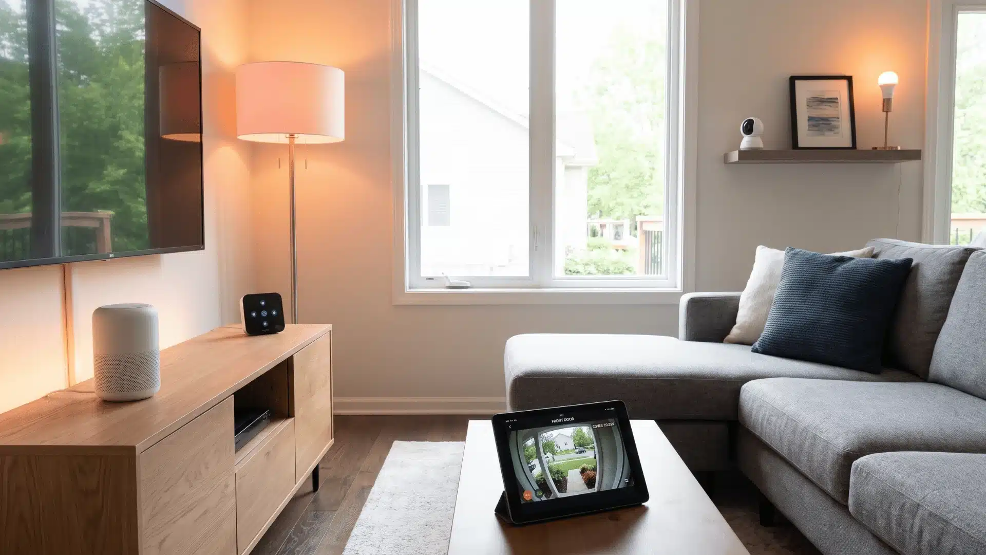 Smart home with integrated security devices and connected automation.