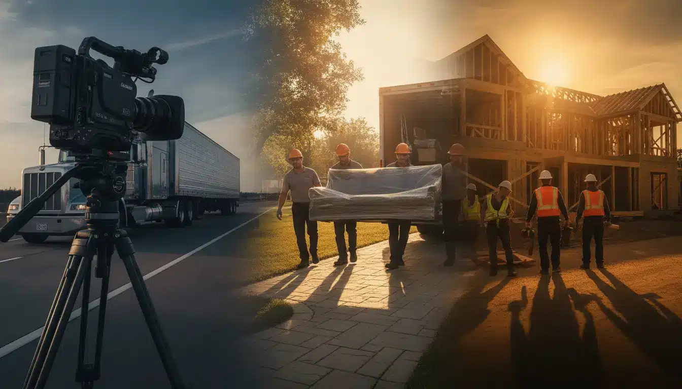 Camera on tripod filming truck on highway, workers unloading furniture at construction site in sunset