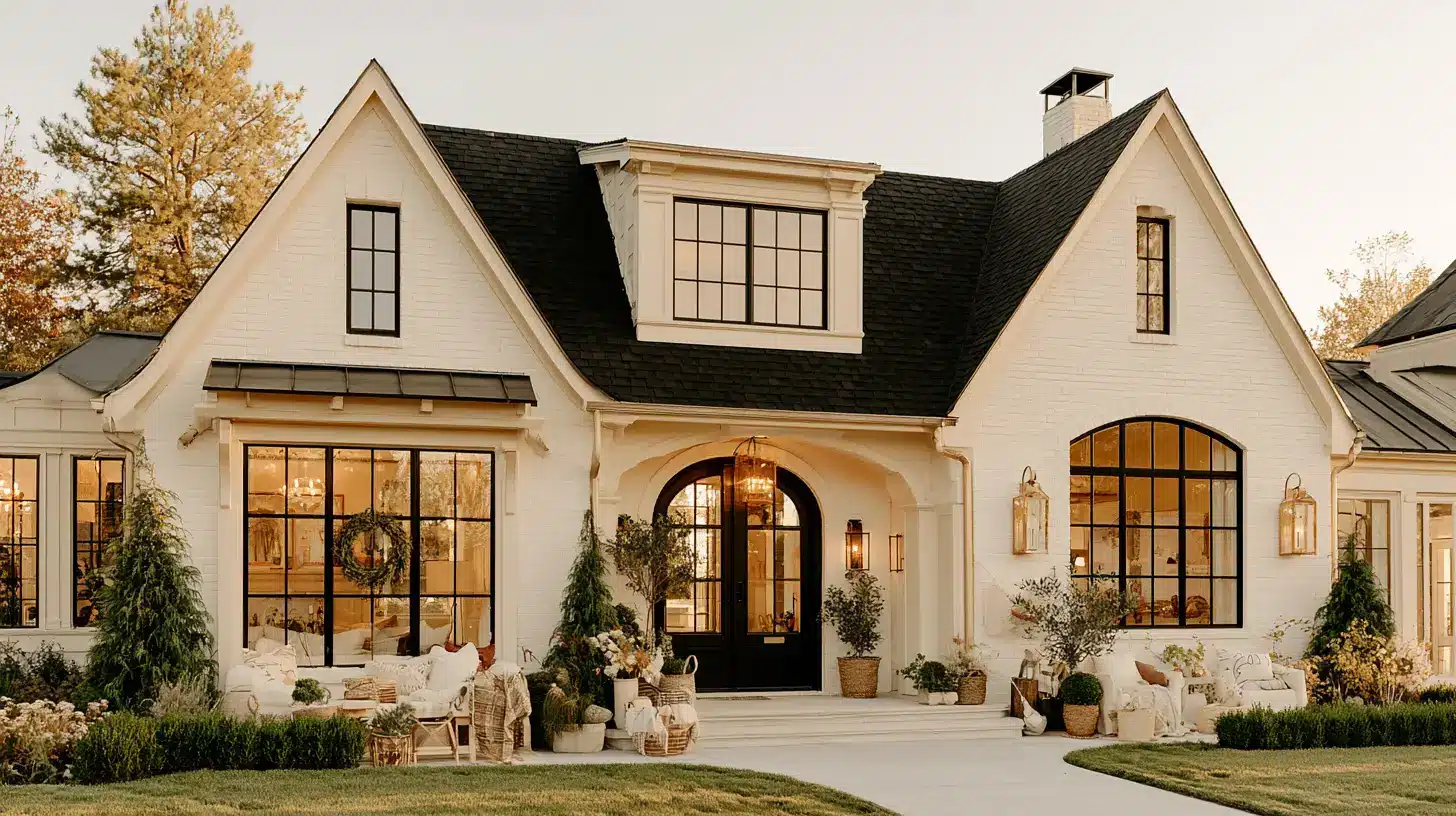 Charming white brick house with large black-framed windows, surrounded by plants in outdoor setting