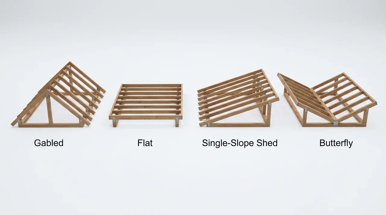 Four roof form diagrams, gabled, flat, shed, and butterfly shown as isolated structural shapes on a neutral ground
